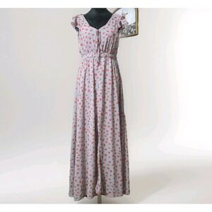 Aggie Floral Flowy Maxi Dress Sz M Gray Red Ruffle Cap Sleeve Peasant V-Neck